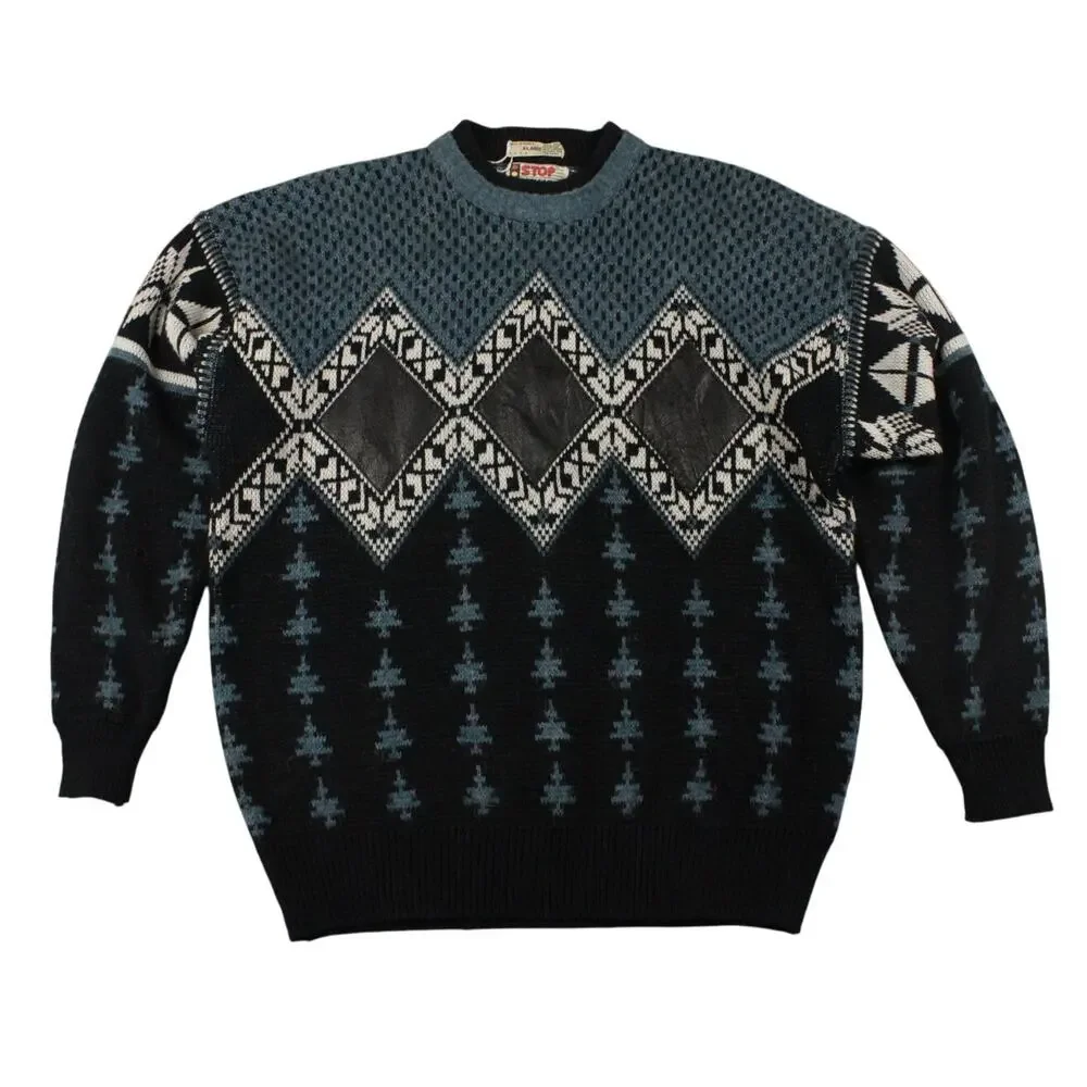 Vintage 90s Mens XL Grandpa‎ Sweater Leather Argyle Nordic Geometric Black Blue